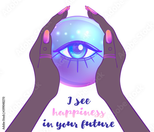 Female hands holding Magic Crystal Ball isolated on white. African American p...