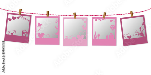 Polaroid photo frames decorated with Valentine elements. Vector illustration. バレンタインデーデコレーションのポラロイド写真フレームイラスト、ポラロイド写真イラスト
