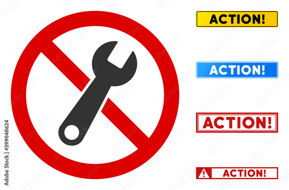 No Repair Tool sign with badges in rectangle frames. Illustration style is a flat iconic symbol inside red crossed circle on a white background. Simple No Repair Tool vector sign, designed for rules, No Repair Tool sign with badges in rectangle frames. Illustration style is a flat iconic symbol inside red crossed circle on a white background. Simple No Repair Tool vector sign, designed for rules,