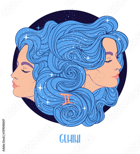 Illustration of Gemini astrological sign as two beautiful girls. Zodiac vector illustration isolated on white. Future telling, horoscope, alchemy, spirituality, occultism, fashion woman.
