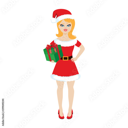 Beautiful santa girl with christmas gift icon vector. Young woman wearing santa costume vector. Attractive girl santa icon isolated on a white background