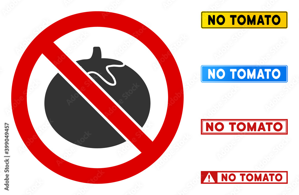 No Tomato sign with captions in rectangular frames. Illustration style is a flat iconic symbol inside red crossed circle on a white background. Simple No Tomato vector sign, designed for rules, No Tomato sign with captions in rectangular frames. Illustration style is a flat iconic symbol inside red crossed circle on a white background. Simple No Tomato vector sign, designed for rules,