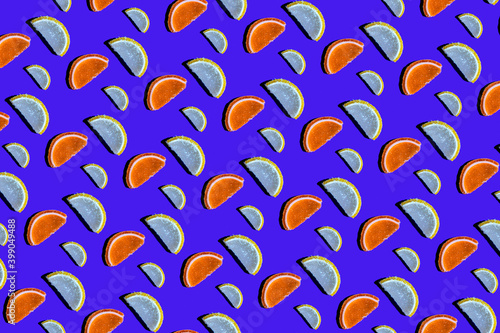 Seamless orange and lemon fruit pattern on violet background