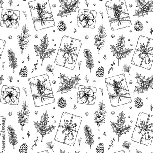 Christmas seamless pattern with hand drawn top view gift boxes, fir tree branches and cones, larch tree, holly, berries. Vector illustration in vintage sketch style