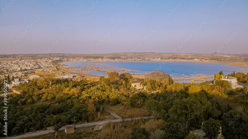 Kallar Kahar Lake, Chakwal District, Punjab, Pakistan - December, 25, 2018: Famous for salt water Lake and beautiful species of birds, its a charming place with good air. 