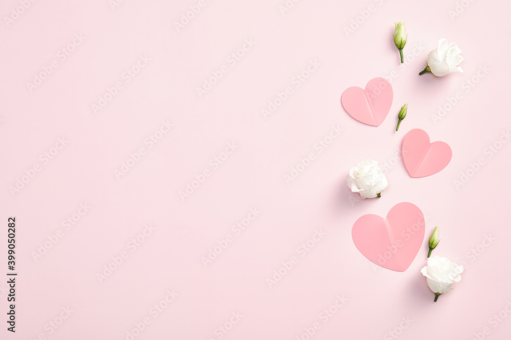 Happy Valentines Day concept. Paper hearts and rose flowers on pink background. Flat lay, top view, copy space. Valentines Day greeting card design. Happy Valentines Day concept. Paper hearts and rose flowers on pink background. Flat lay, top view, copy space. Valentines Day greeting card design.