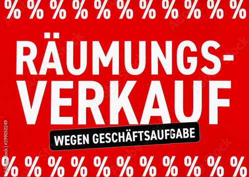 Text "Räumungsverkauf wegen Geschäftsaufgabe - Clearance sale due to closure of business" on red background