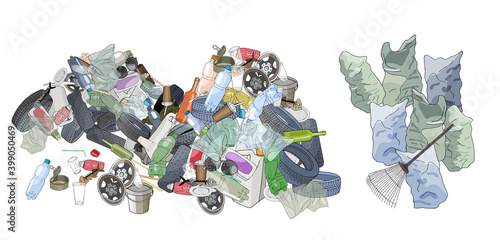 Pile of garbage, garbage bags and rake.