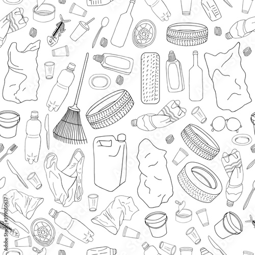 Foto Seamless pattern with different kinds of garbage isolate on white