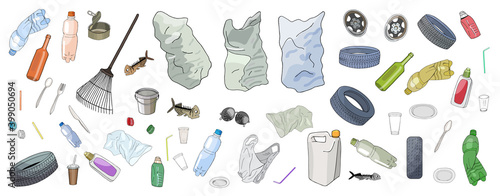 Set of garbage and bags isolate on white background. Vector illustration.