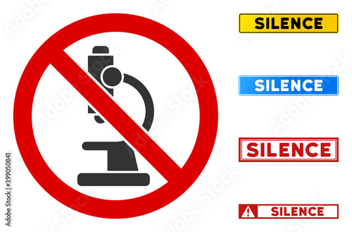 No Microscope sign with words in rectangle frames. Illustration style is a flat iconic symbol inside red crossed circle on a white background. Simple No Microscope vector sign, designed for rules,