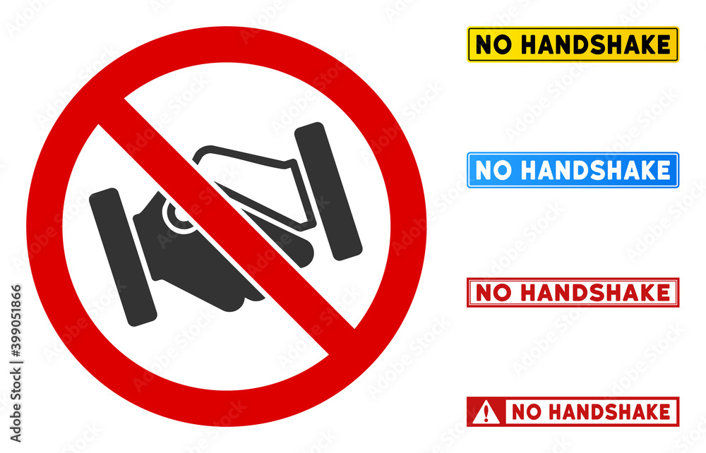 No Handshake sign with phrases in rectangular frames. Illustration style is a flat iconic symbol inside red crossed circle on a white background. Simple No Handshake vector sign, designed for rules, No Handshake sign with phrases in rectangular frames. Illustration style is a flat iconic symbol inside red crossed circle on a white background. Simple No Handshake vector sign, designed for rules,