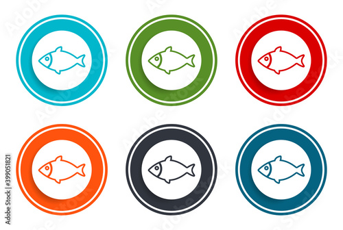 Fish icon flat vector illustration design round buttons collection 6 concept colorful frame simple circle set