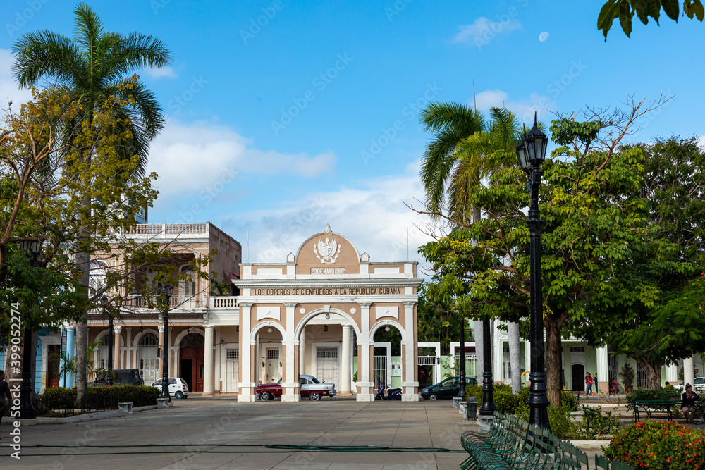 Architecture of Cienfuegos, Cuba. Traditional colonial style colored buildings.