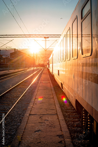 travelling by train, sunset, summer