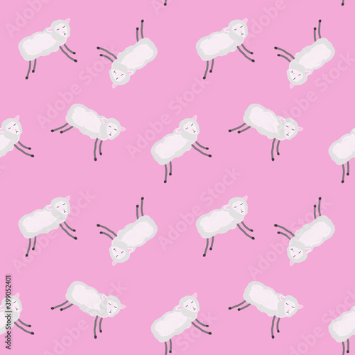 Cute sheep seamless pattern on pink background. Baby sheep illustration for kids holidays