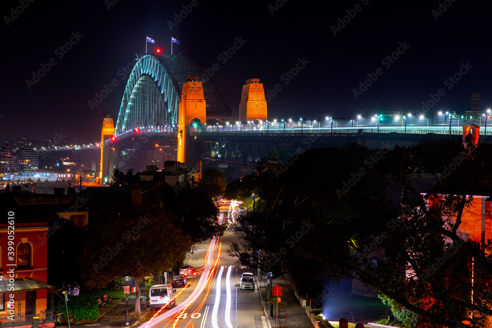 Fototapeta premium Sydney Harbour bridge at night view from Observatory Hill looking down Lower Fort street.