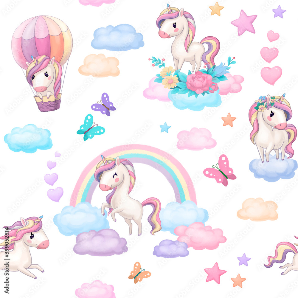 Obraz Set of stickers with unicorns, suitable for a children`s interior, isolated on white