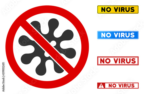 No Virus sign with titles in rectangular frames. Illustration style is a flat iconic symbol inside red crossed circle on a white background. Simple No Virus vector sign, designed for rules,