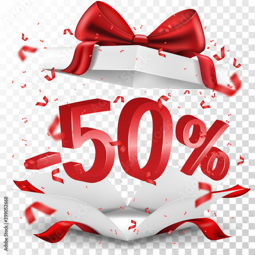 Open gift box with red bow isolated on white. Sale 50% off. Vector illustration