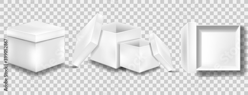 White blank packaging gift boxes. A set of open and closed boxes at different angles. White object on a transparent background. Vector illustration, EPS 10.