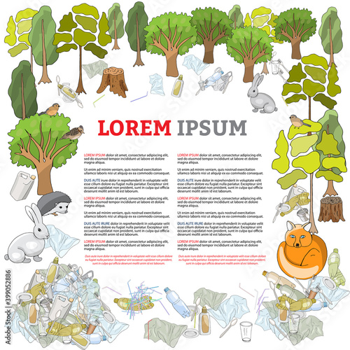 Pollution of the environment. Garbage and waste in forests, in wildlife. Different types of garbage.