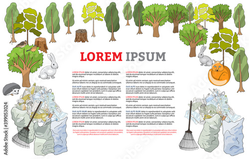 Pollution of the environment. Garbage and waste in forests, in wildlife. Different types of garbage.
