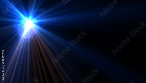 Blue digital lens flare in black background horizontal frame warm