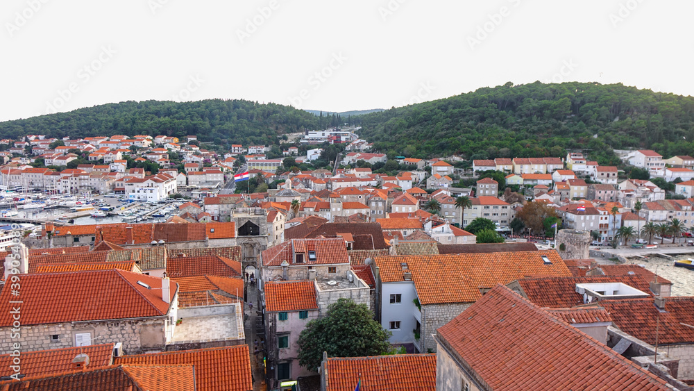 Panoramic view of Korcula town from above, Croatia