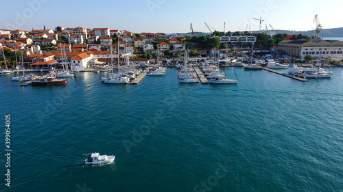 Aerial view of Trogir harbor and boat sailing © Baiad13