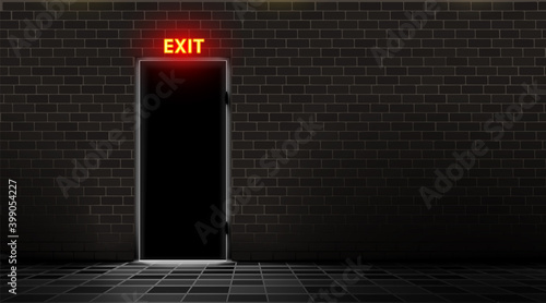 Brick wall and door with neon exit lamp, dark background. Realistic light silhouette slit doorway. Abstract room with text indicator. Floor is tiled. Tile. Vector illustration
