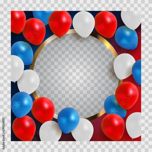Abstract greeting card for the holiday Background with balloons red, blue, white. Vector Illustration EPS10. Square Template for social networks and messengers on transparent background