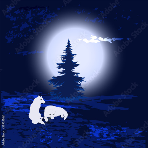 White wolves, night forest, moon - abstract background - art, vector. Winter landscape.