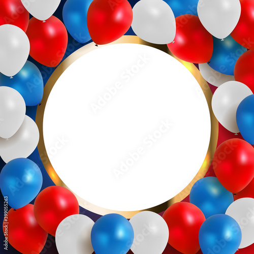 Abstract greeting card for the holiday Background with balloons red, blue, white. Vector Illustration EPS10. Square Template for social networks and messengers on white background