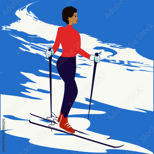 Skier, African American, Abstract Mountains - Brush Stroke - Art, Vector. Winter sport.