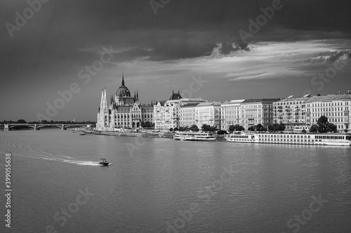 Hungarian parliament building, black and white