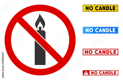 No Candle sign with badges in rectangular frames. Illustration style is a flat iconic symbol inside red crossed circle on a white background. Simple No Candle vector sign, designed for rules,