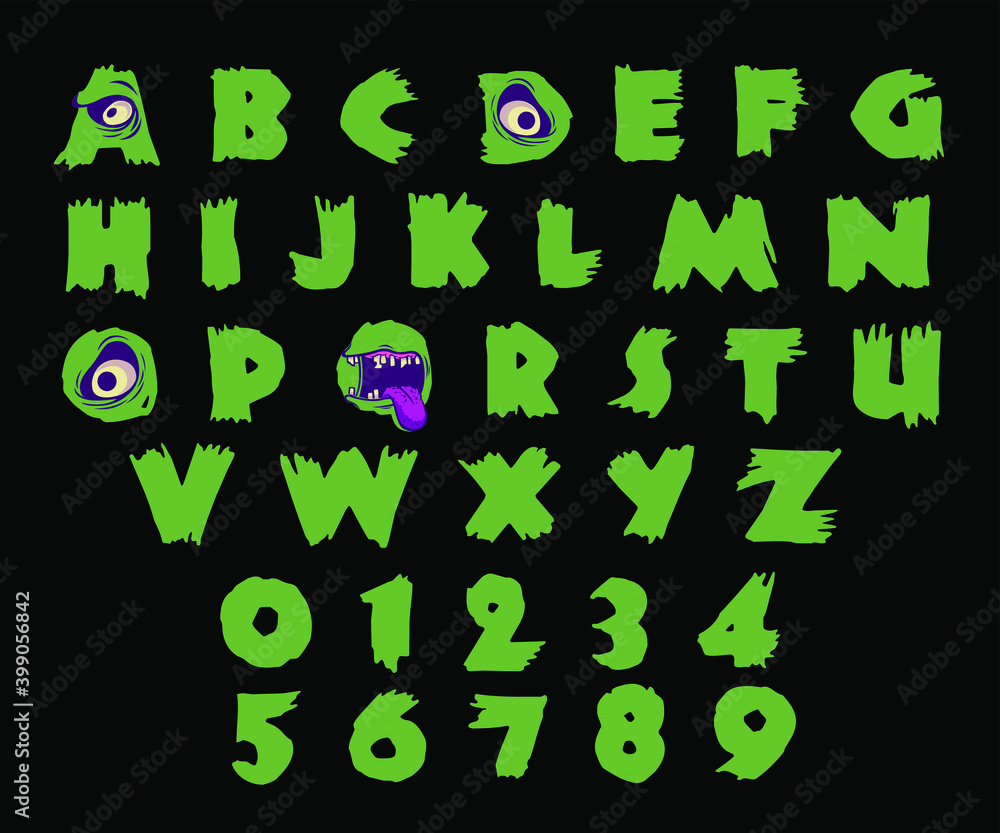 Zombie vector font. Scary letters and numbers of a green monster. Zombie vector font. Scary letters and numbers of a green monster.