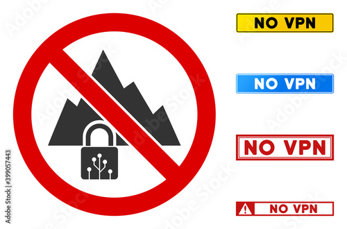 No VPN Tunnel sign with badges in rectangular frames. Illustration style is a flat iconic symbol inside red crossed circle on a white background. Simple No VPN Tunnel vector sign, designed for rules,