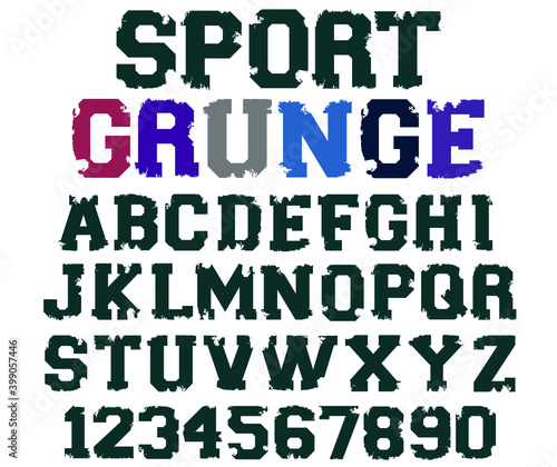 Sport grunge font vector. Varsity distressed font vector. Vintage college font, Sport alphabet, ragged edge letters and numbers. Sport design for t shirt.