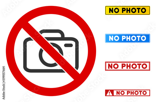 No Photo Camera sign with badges in rectangle frames. Illustration style is a flat iconic symbol inside red crossed circle on a white background. Simple No Photo Camera vector sign,