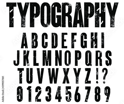 Letterpress wood type font. Typographic distressed font vector. Grunge alphabet, letters and numbers.