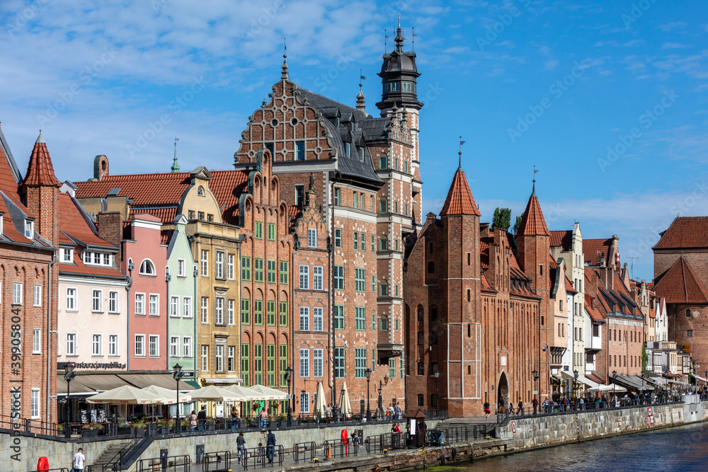 Gdansk, Old Town - historic tenement houses with gables on the banks of the River Motlawa, Poland