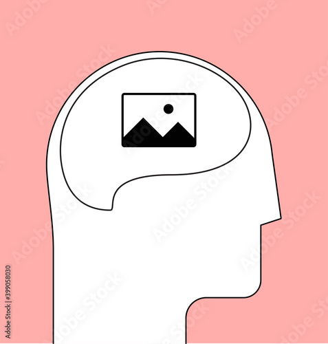 Imagination or idea concept with human head profile and image or picture preview icon inside. Minimalistic vector illustration