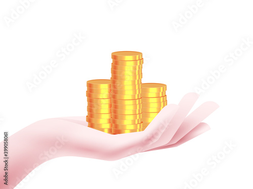 Money rewarding or money receiving or savings or earnings concept with side view hand with stacks of golden coins. Modern minimalistic clean vector illustration