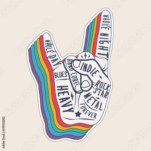 Fotótapéta Rock hand sign gesture silhouette with retro styled rainbow shadow