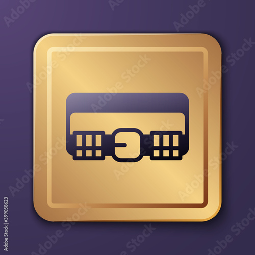 Purple Hunting cartridge belt with cartridges icon isolated on purple background. Bandolier sign. Hunter equipment, armament. Gold square button. Vector.