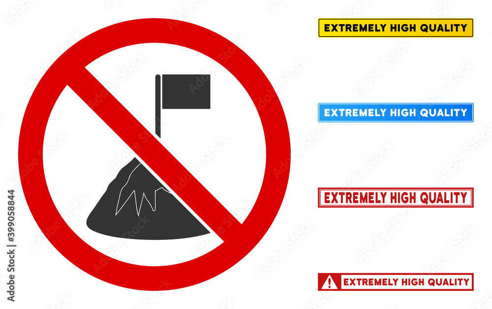 No Mission Mountain Flag sign with badges in rectangular frames. Illustration style is a flat iconic symbol inside red crossed circle on a white background. No Mission Mountain Flag sign with badges in rectangular frames. Illustration style is a flat iconic symbol inside red crossed circle on a white background.
