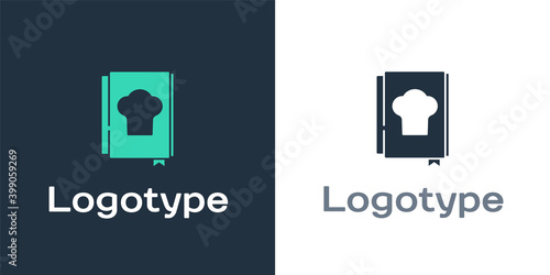 Logotype Cookbook icon isolated on white background. Cooking book icon. Recipe book. Fork and knife icons. Cutlery symbol. Logo design template element. Vector.