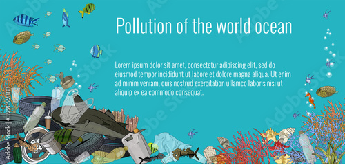Vector template with different types of plastic garbage and chemical waste to the ocean. Ecology concept.
